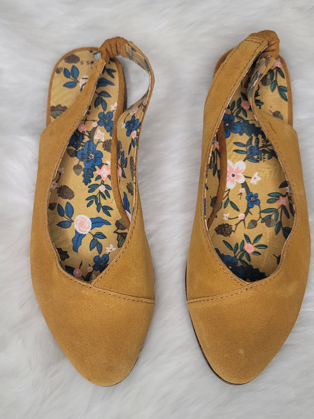 Toms Mustard Suede Floral Insole Slingback Flats - Women